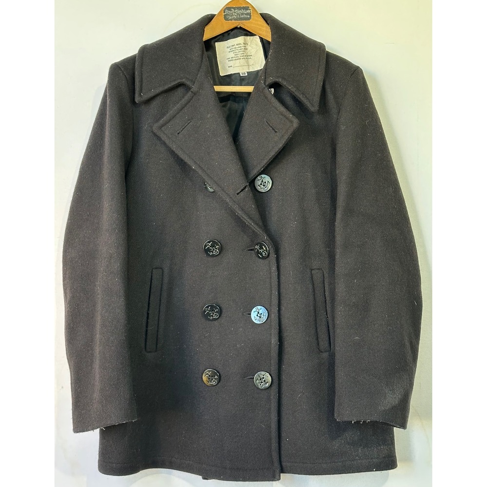 US Navy Wool Pea Coat Double Breasted VTG Retro Sailor Mens 36 XS Black